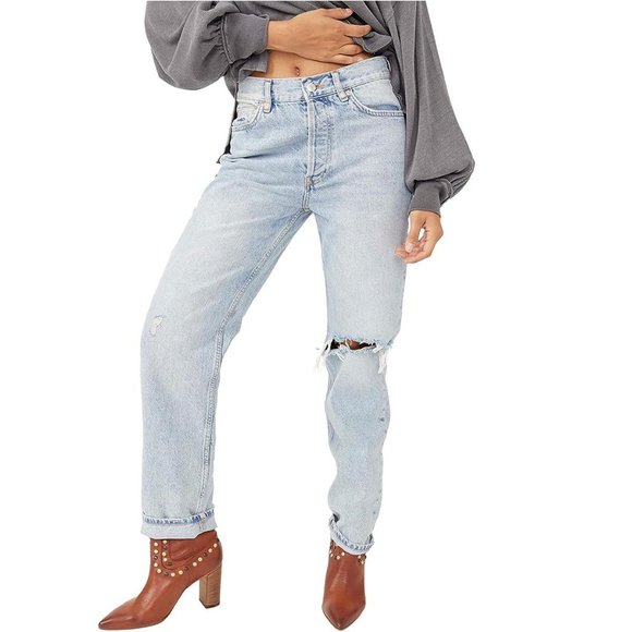 We The Free Denim - Free People Lasso Jeans Relaxed Straight Leg Distressed Button Fly Light Denim